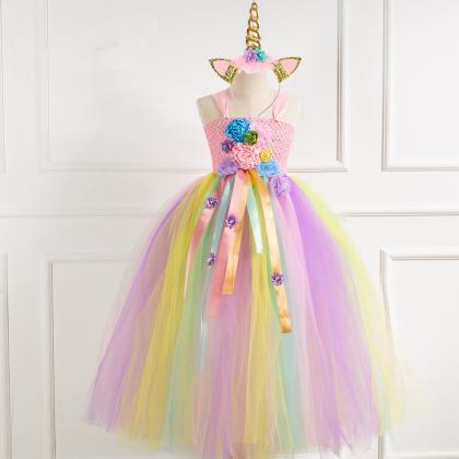 Pink Flowers Girls Princess Tutu Costume Dress..