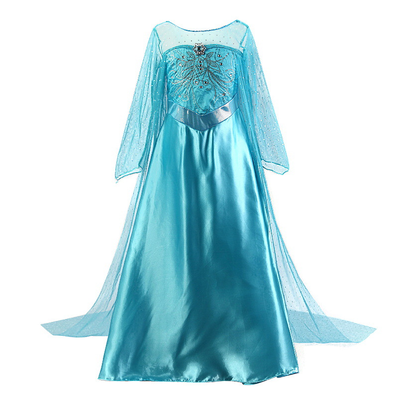 Princess Blue Fronzen Girls Costume Dresses Shiny Sequins Long Sleeve With Train Children Cosplapy Gowns
