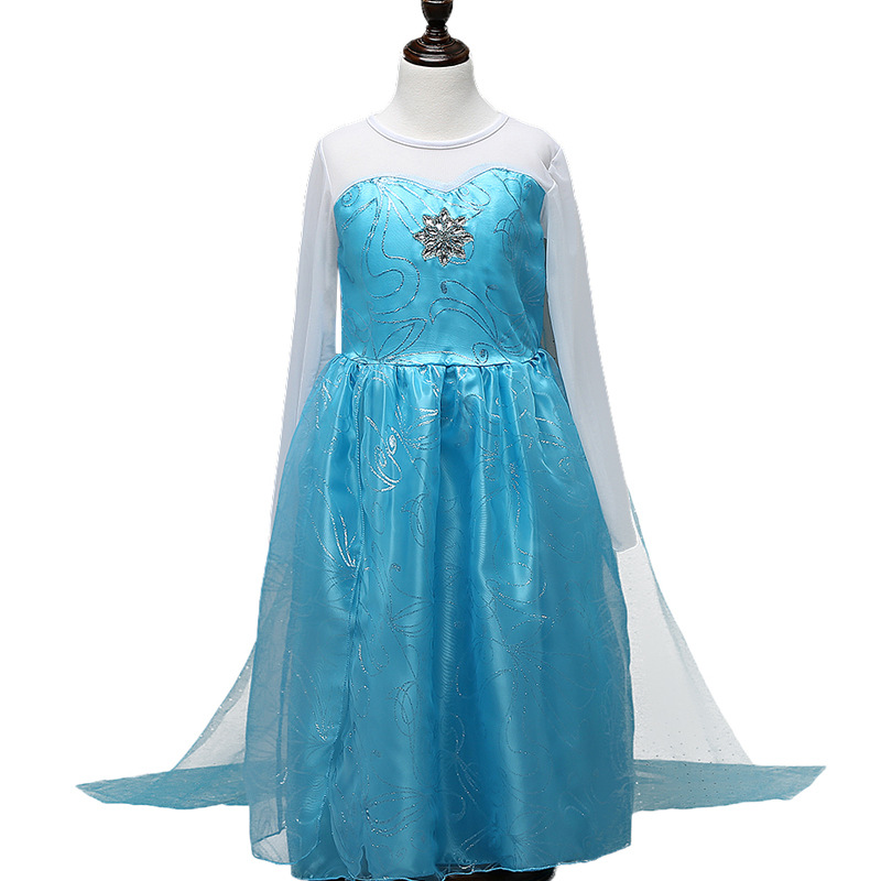 Fancy Blue Queen Children Cosplay Costume Dress Long Sleeve With Train Girls Birthday Party Dresses